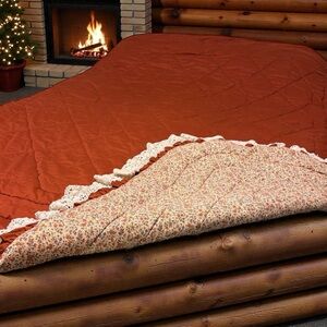 Vintage JC Penny Quilted Bedspread Queen Reversible Rust Orange/ Liberty Print